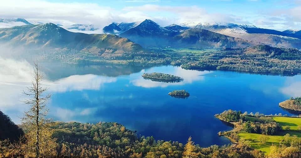 Derwent Water and its islands from above, with snow on the fells